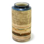 ALISON BRIGDEN FOR TROIKA POTTERY; a cylinder vase with glazed rim, decorated with banded detail