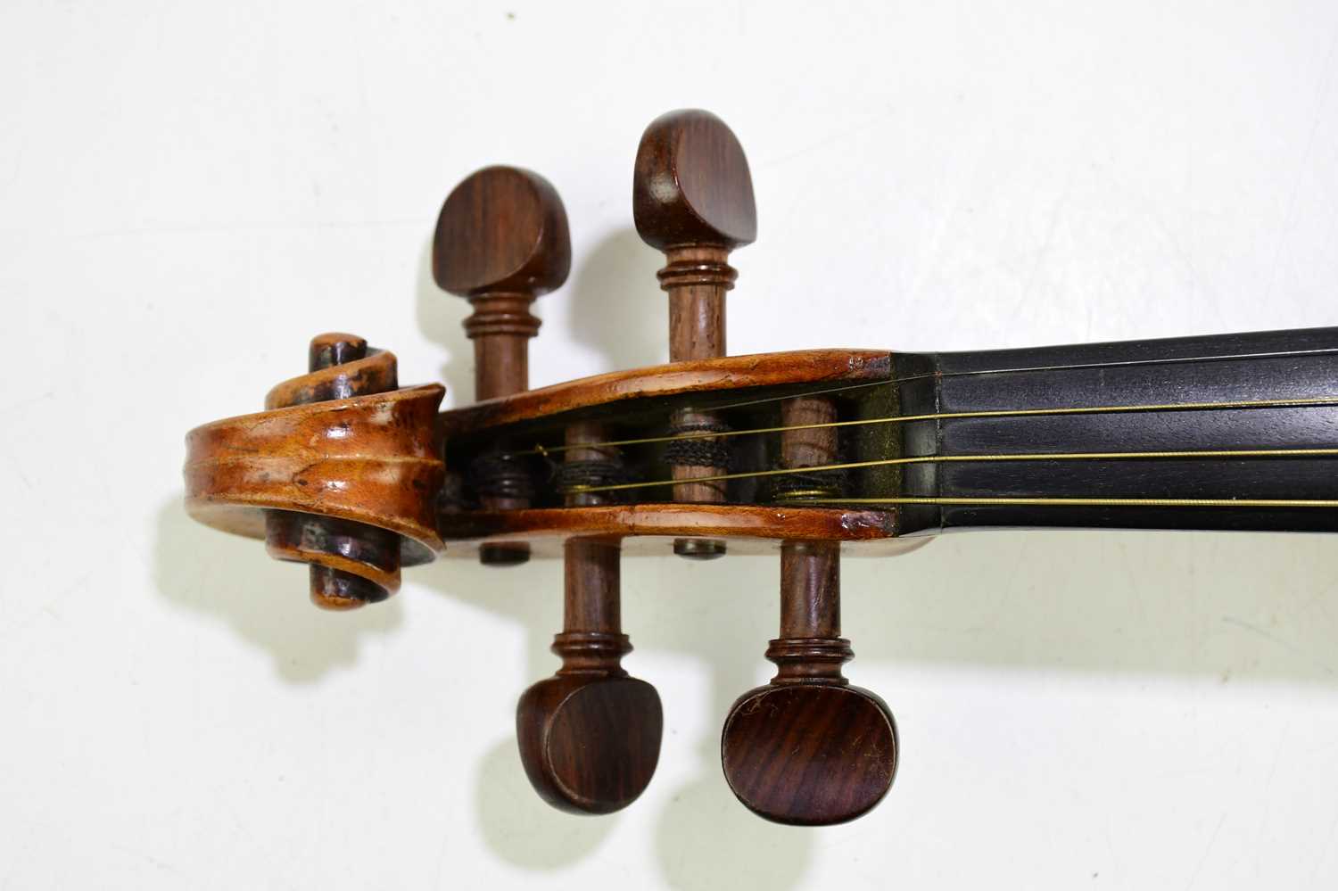 A three quarter size German 'conservatory' violin, Stradivarius copy, with two-piece back, length - Image 6 of 8