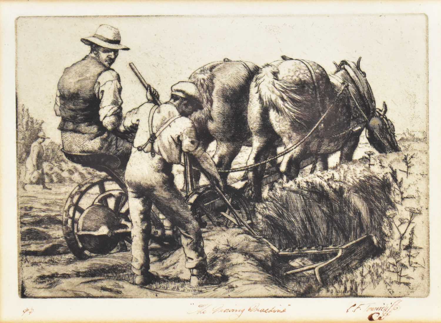 † CHARLES FREDERICK TUNNICLIFFE OBE, RA (1901-1979); etching, 'The Mowing Machine', signed lower - Image 2 of 3