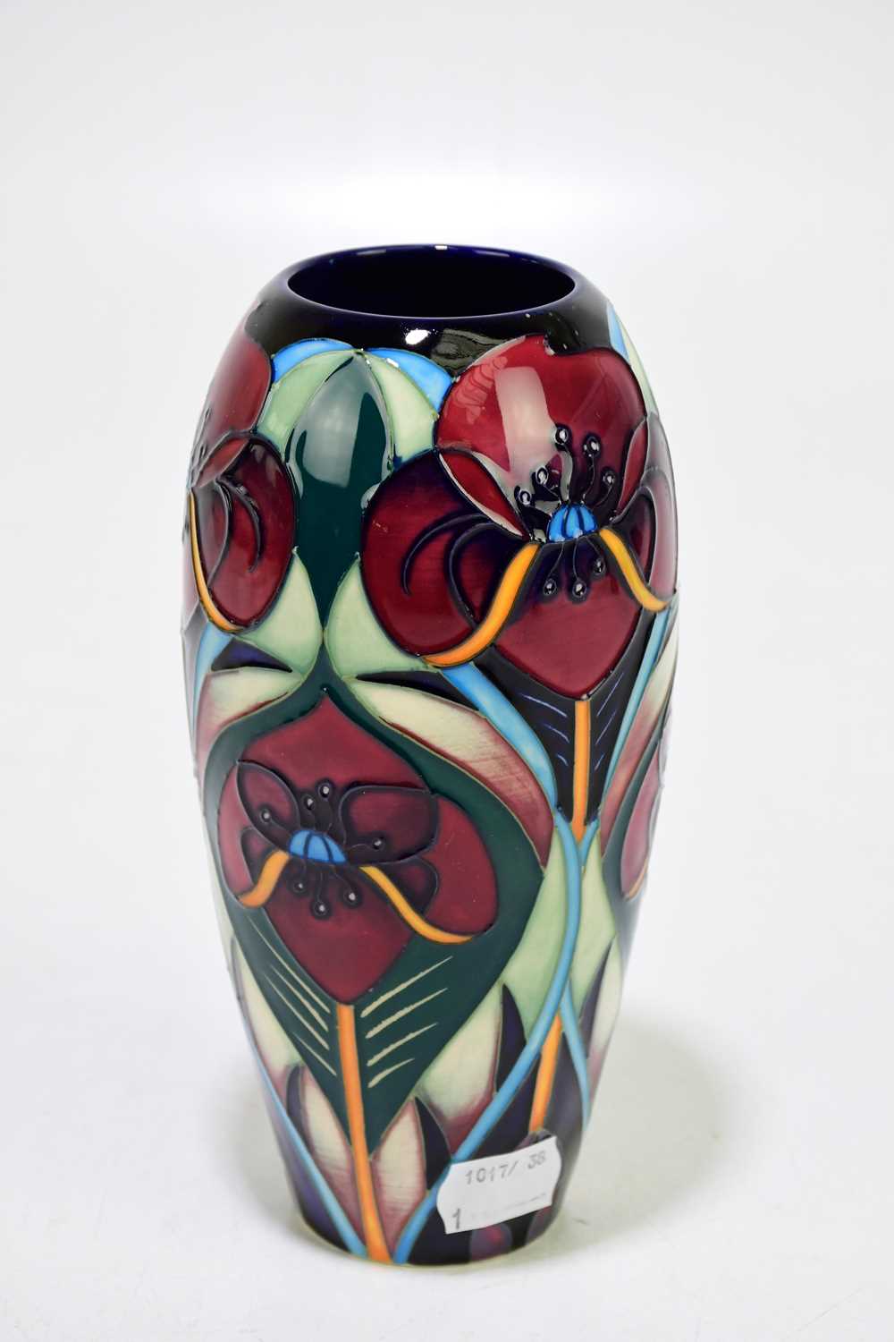 RACHEL BISHOP FOR MOORCROFT; a vase deorated with stylised flowers against a green goround, height - Image 3 of 4