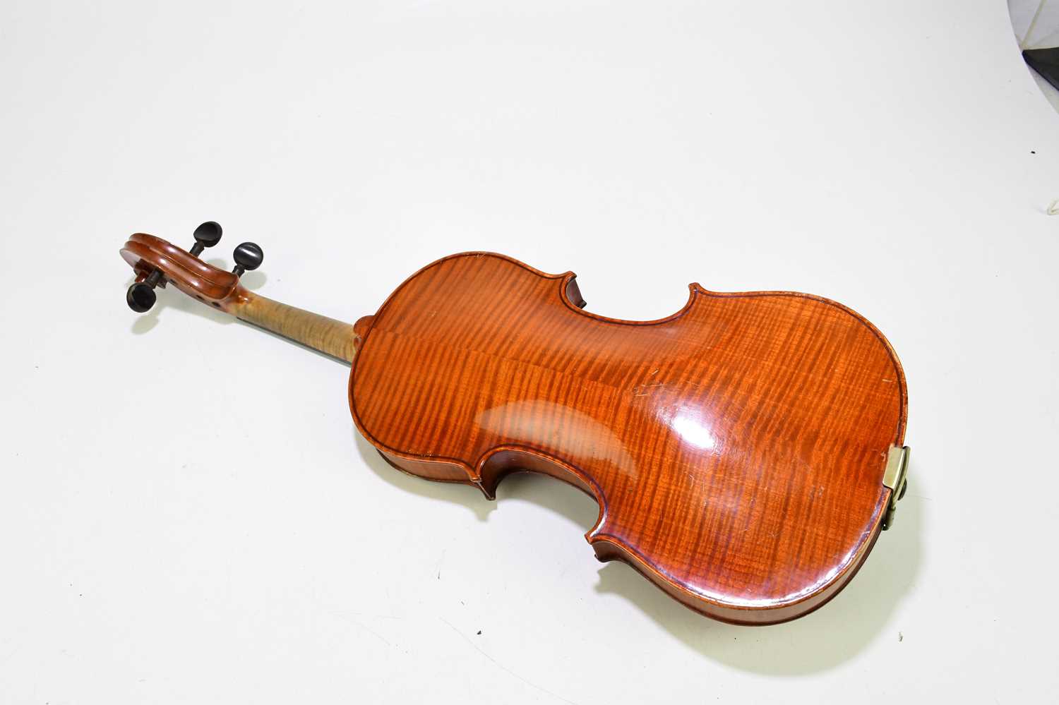 A full size German violin, Stradivarius copy, with two-piece back, length 35.8cm, cased with bow. - Image 5 of 5