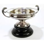 BARKER BROS; a George V hallmarked silver twin handled trophy cup on black base, Chester 1920,