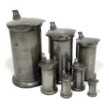 A graduated set of seven French pewter measuring tankards, height of largest example 26cm.