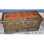 A Middle Eastern brass mounted and painted hardwood chest, with brass studwork, height 48cm, width