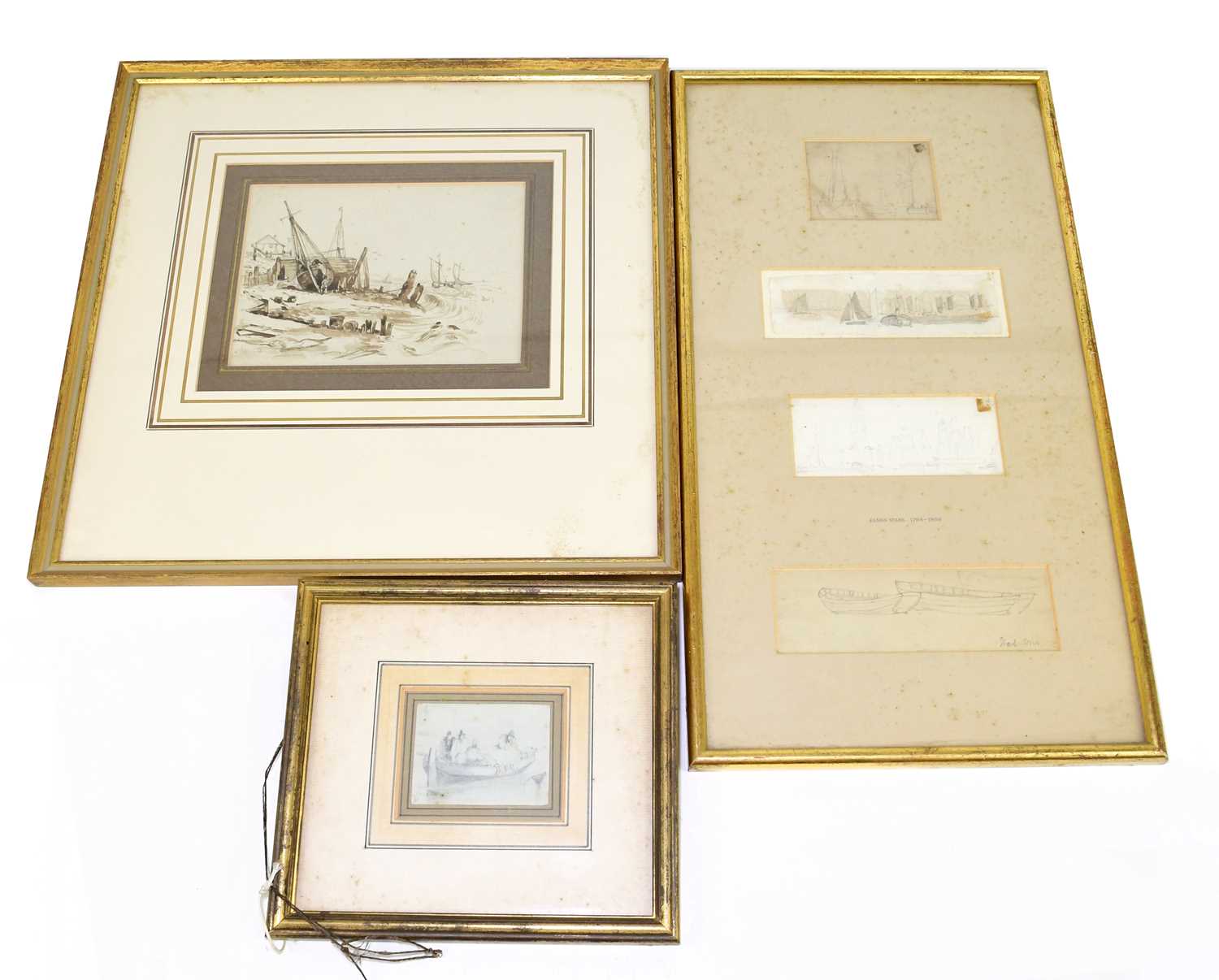 ATTRIBUTED TO JAMES STARK (1794-1859); four pencil drawings framed as one, studies of boats, the