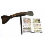 PAPUA NEW GUINEA; a carved wood and wicker double sided axe, height 47cm, length 53cm, together with