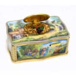 A late 20th century German gold plated white metal and enamel singing bird box in the manner of Karl