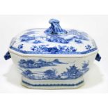 A 19th century Chinese export porcelain blue and white tureen and cover, with animal head handles,