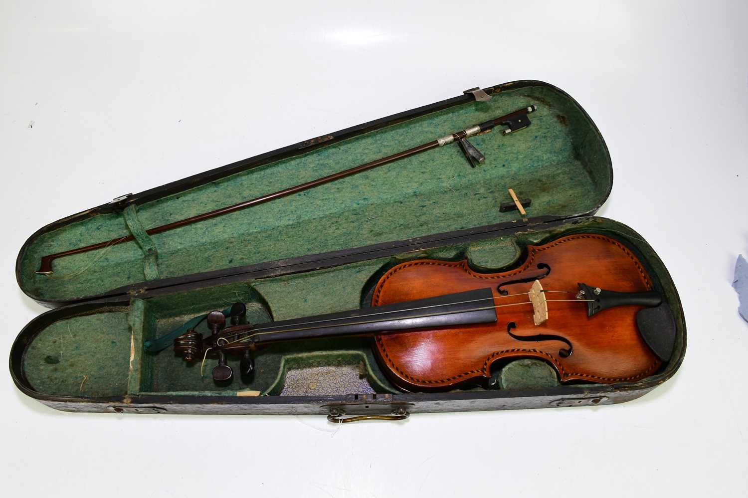 A full size German violin with inlaid decoration and one-piece back, length of back 35cm, cased. - Image 10 of 10