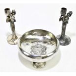 A pair of Art Nouveau pewter candle holders modelled as Dutch girls, height 22cm, and an Arts and