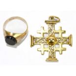 A 9ct gold signet ring, size H, together with a cross pendant, stamped 14K, approx combined weight