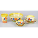 CLARICE CLIFF; six pieces decorated in 'Crocus' pattern, comprising footed bowl, beaker, large tea