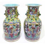 A pair of 19th century Chinese Canton Famille Verte vases with moulded Dogs of Fo handles and with