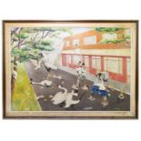 † R STERLING; oil on canvas, comedy scene with swans, signed and dated 1958, 59cm x 84.5cm.