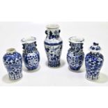 Five piece of 19th century and later Chinese blue and white porcelain, to include a pair of vases