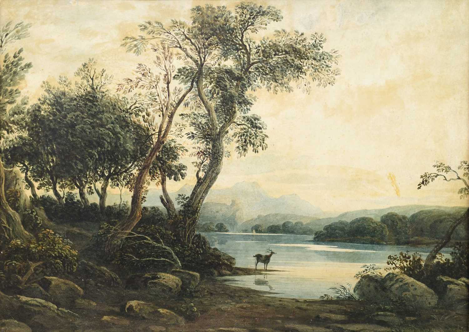 JOHN VARLEY (1778-1842); watercolour, landscape with lake and deer, with label verso for Irene & - Image 2 of 3