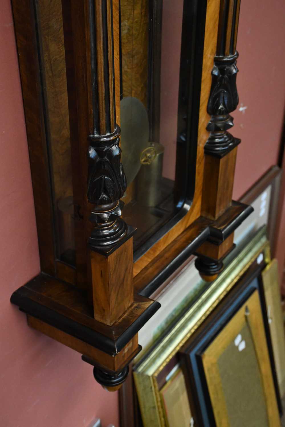 A 19th century walnut and stained pine Vienna wall clock with turned pediment above the circular - Image 5 of 6