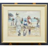 † TOM DURKIN (1928-1990); oil on board, figures on a beach with bucket and spade, signed lower