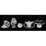LALIQUE FRANCE; three models of animals, including an owl, height 9cm, a seated bear, also a clear