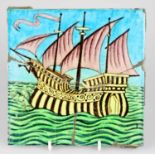 WILLIAM DE MORGAN; an Art Pottery tile painted with a four masted galleon ship, in shades of blue,