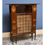 An Art Nouveau inlaid mahogany cabinet in the manner of Shapland & Petter, with shelf above a leaded