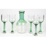 HENRY LOWDY; a six piece drinking set comprising carafe and five glasses on column stems,