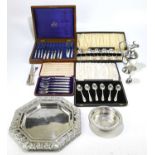 A collection of various electroplated items to include a salver, a jug, a cased sets of cutlery