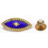 A Victorian yellow metal blue enamel and seed pearl navette shaped brooch, the reverse engraved '