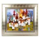† A S URBANIAK; oil on canvas, depicting stylised houses, signed lower right, 60 x 50cm, framed.