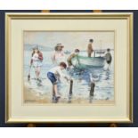 † TOM DURKIN (1928-1990); oil on board, children on a beach with a green boat, signed lower left, 49