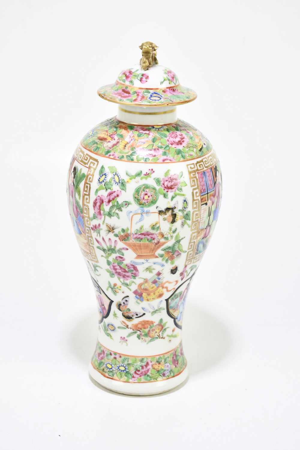 A 19th century Chinese Canton Famille Rose jar and cover decorated with figures inside panels, - Image 2 of 7