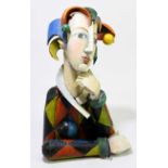 † JAANA FOWLER; a recycled wooden bust of a harlequin, signed to the underside, height 43cm.