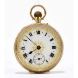 A 9ct gold crown wind fob watch, the enamel dial with gilt scrolling detail, set with Roman numerals