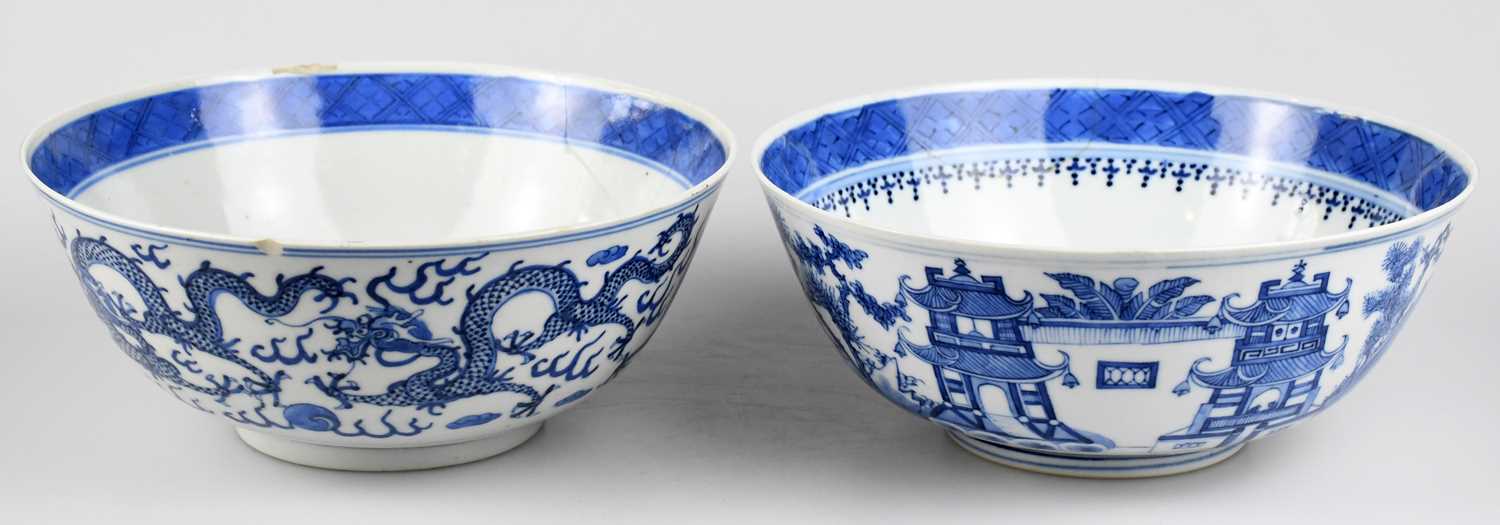 Two 19th century Chinese blue and white porcelain footed bowls comprising an example decorated
