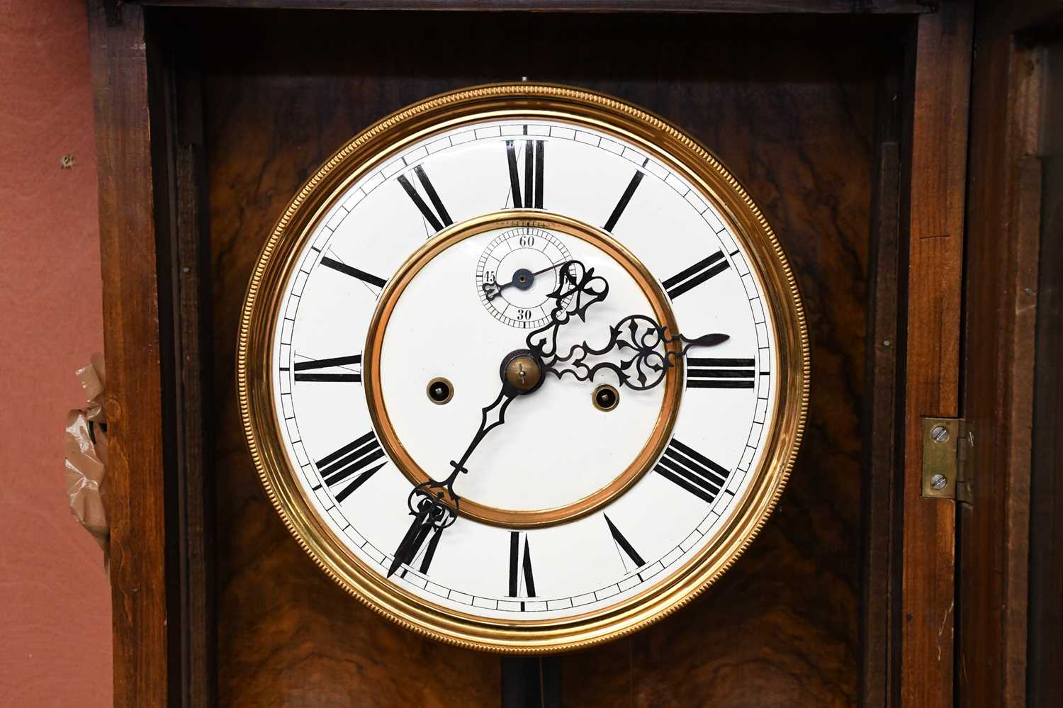 A 19th century walnut and stained pine Vienna wall clock with turned pediment above the circular - Image 3 of 6