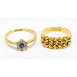 An 18ct yellow gold textured dress ring, approx size J, together with a 18ct diamond and sapphire