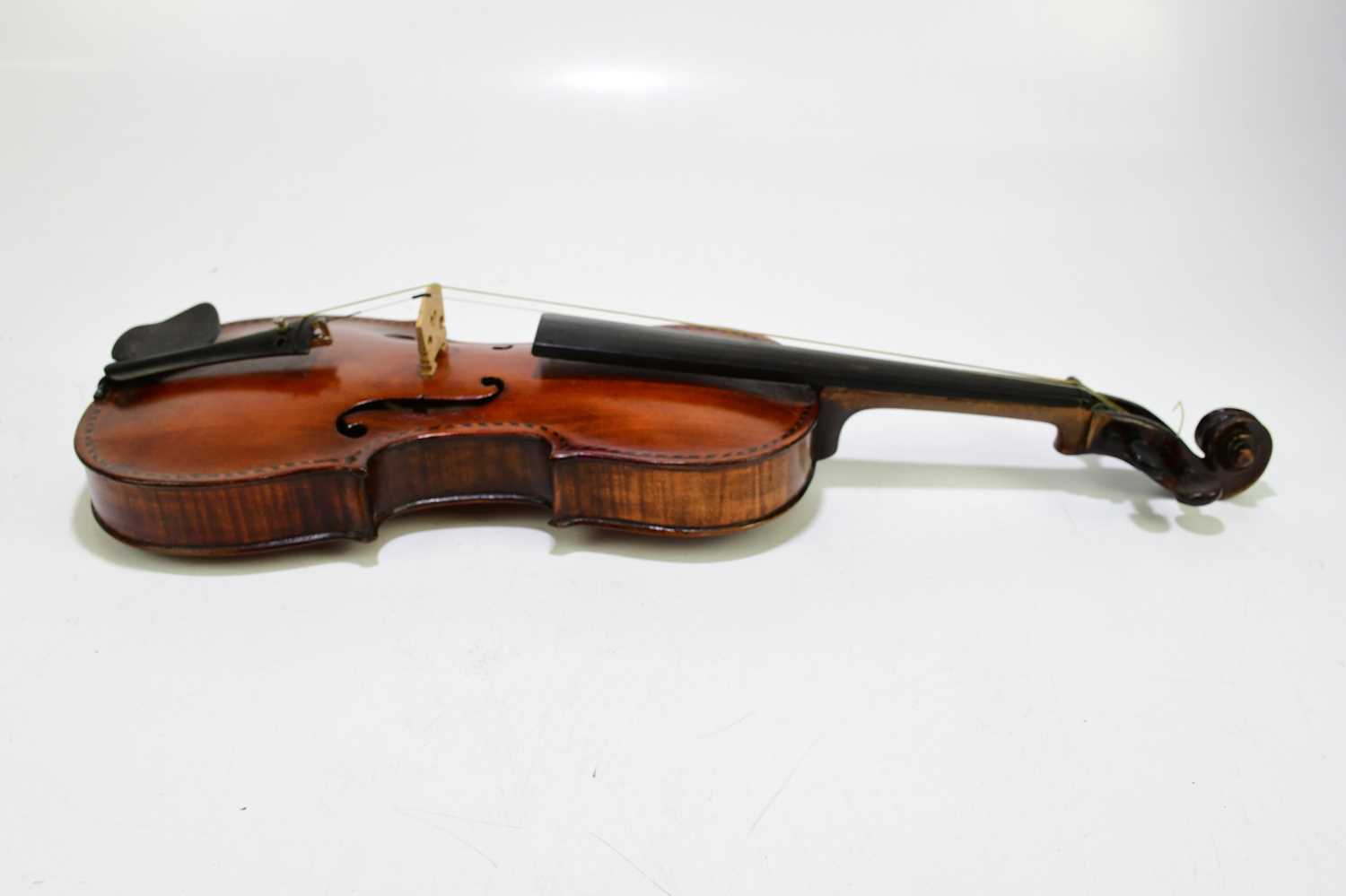 A full size German violin with inlaid decoration and one-piece back, length of back 35cm, cased. - Image 5 of 10