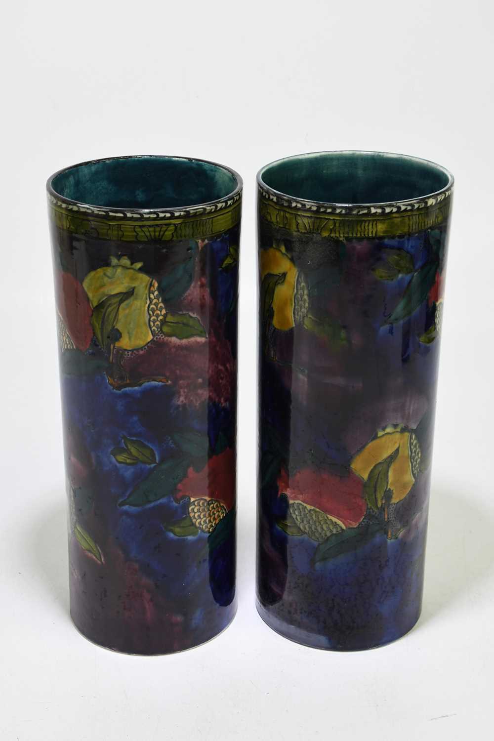 HANCOCK & SONS; a pair of 'Pomegranate' pattern cylindrical sleeve vases, height 32cm. - Image 4 of 6