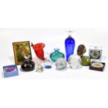 A mixed group of coloured glass to include three vases and various paperweights.