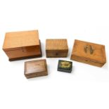 A group of four work boxes, to include one with inlaid bird to the lid, together with a modern