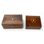 A mother of pearl rosewood work box, together with a mahogany and inlaid tea caddy.