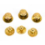 Three 18ct gold dress studs, weight 1g, with three 9ct gold dress studs, weight 1.5g (6).