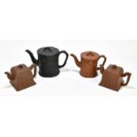 Three Chinese redware Yixing teapots and covers, including two square examples and a naturalistic