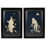 A pair of early 20th century Japanese bone mounted lacquered panels, one decorated with a Geisha,