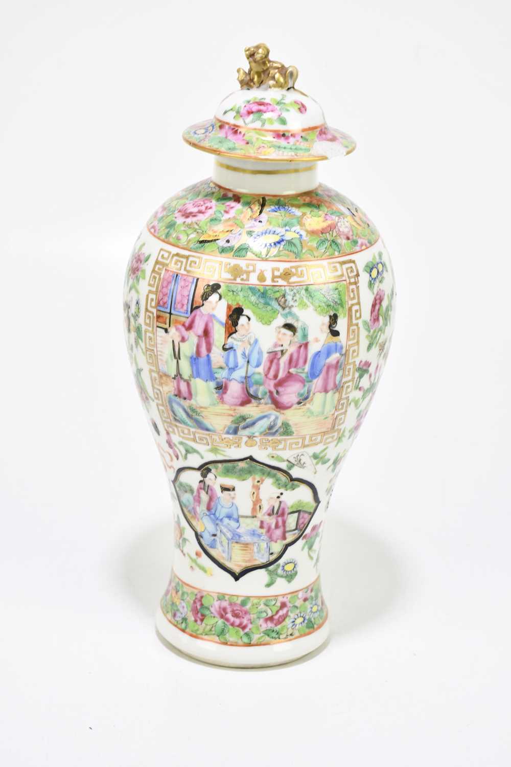 A 19th century Chinese Canton Famille Rose jar and cover decorated with figures inside panels, - Image 3 of 7