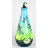 SALLY TUFFIN FOR DENNIS CHINAWORKS; a tapering bottle vase and stopper, with kingfisher finial,