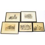 R A RISELEY; five engravings comprising Wells Cathedral, Old Sun Inn, Chestergate, Christ Church