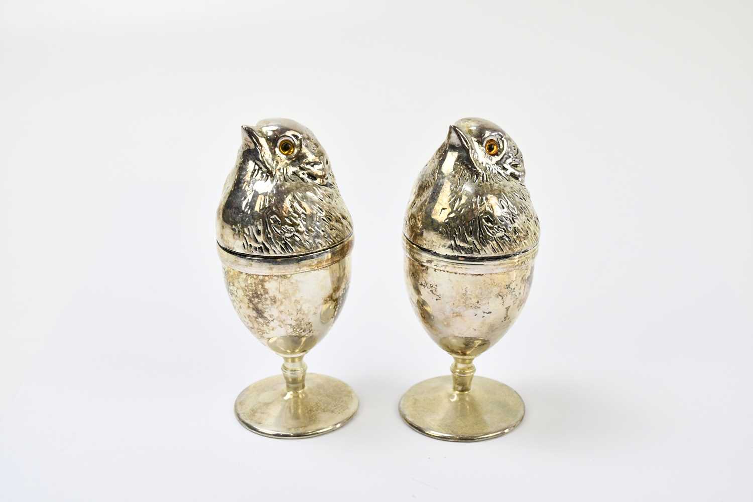 A pair of contemporary novelty silver plated egg cups and covers, modelled as chicks, height 11. - Image 2 of 5