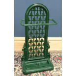 A green painted Victorian cast iron stick stand, 72cm.