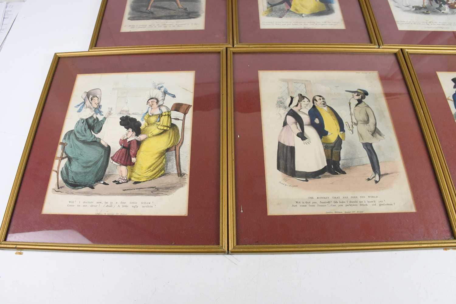 A group of seventeen circa 1800s cartoon engravings, 18 x 28cm, all framed and glazed. - Image 2 of 11